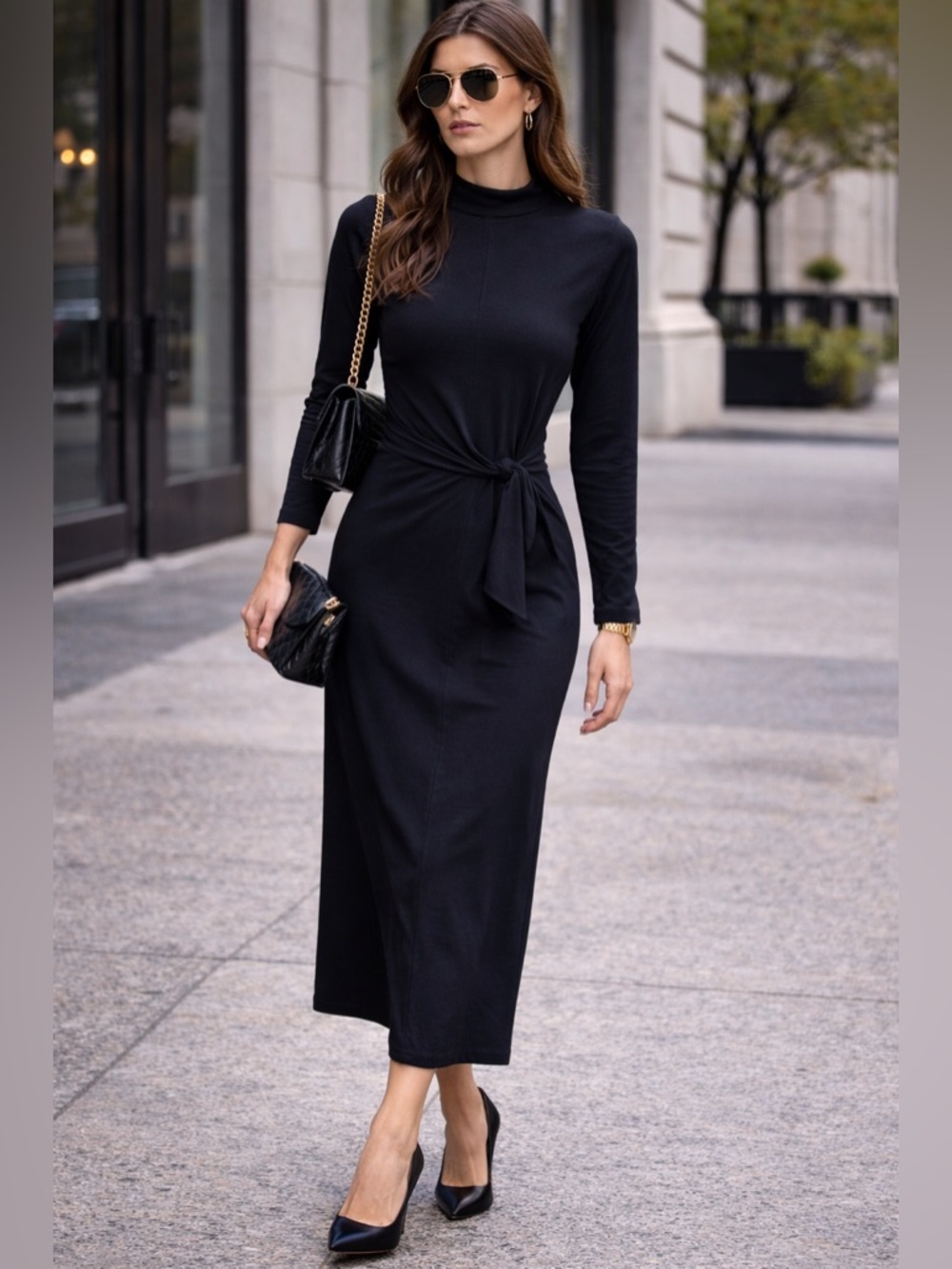 Massimo Dutti Black Midi Dress | Elegant Knot Detail | Long Sleeve Size S